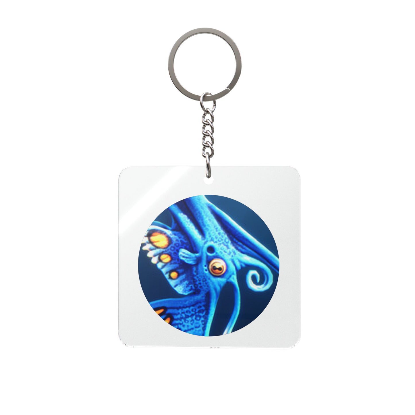 Blue Alien Fish Illustration Square Keychain | Ocean Creature Keyring