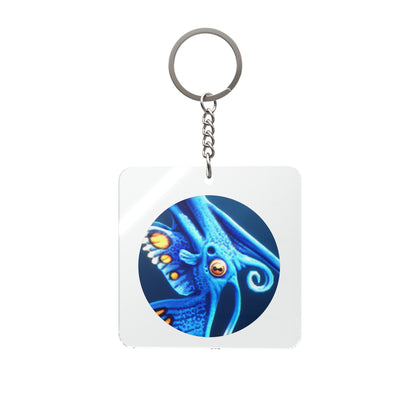 Blue Alien Fish Illustration Square Keychain | Ocean Creature Keyring