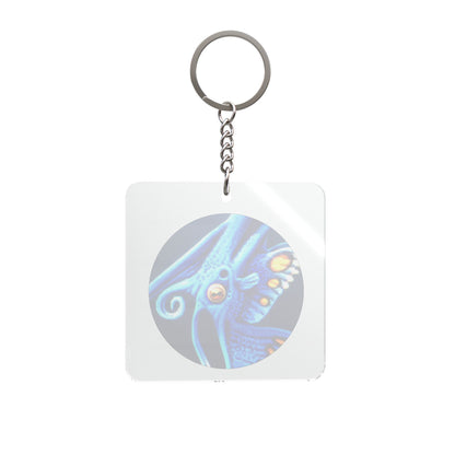 Blue Alien Fish Illustration Square Keychain | Ocean Creature Keyring